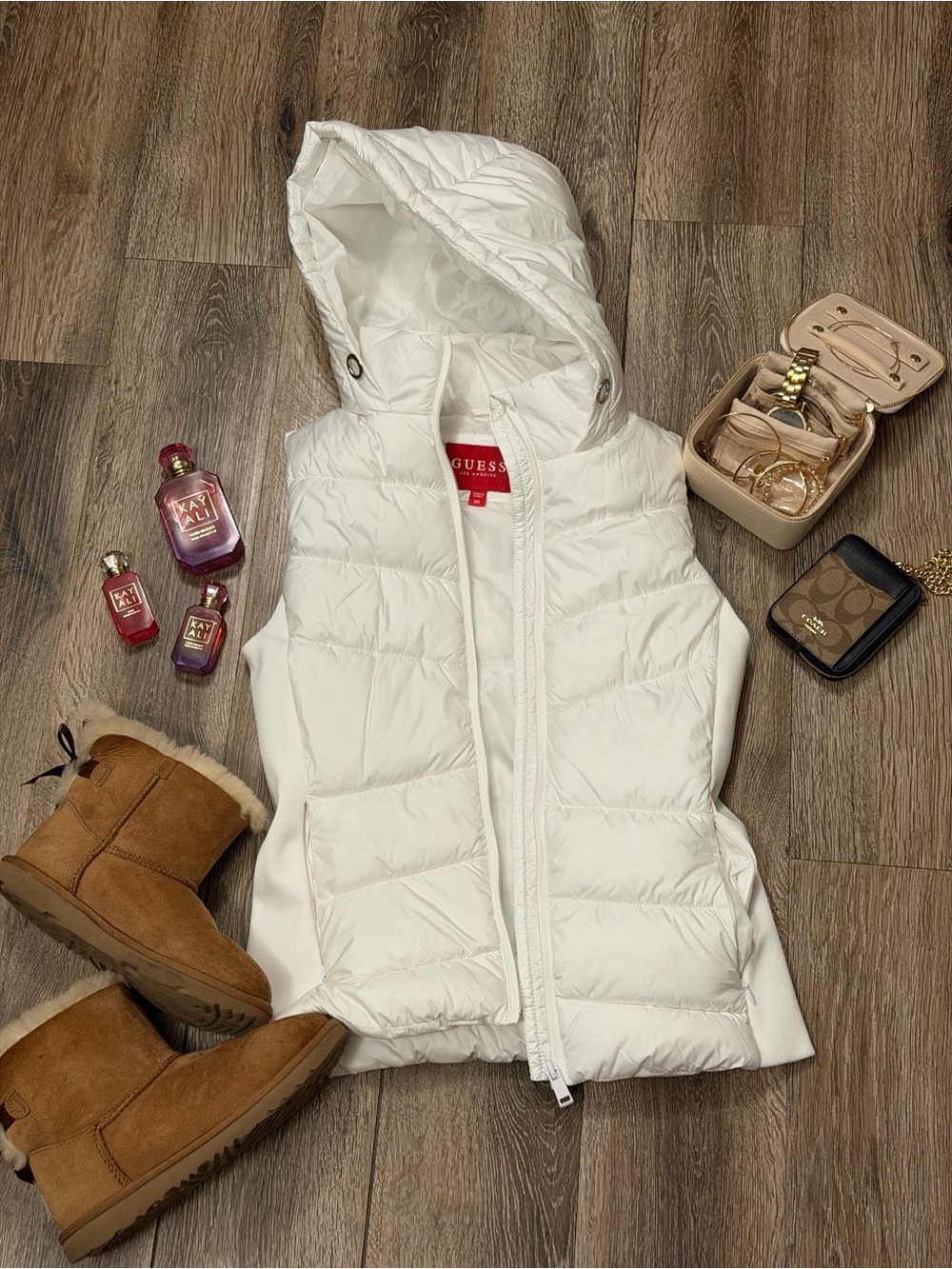 GUESS White Hooded Puffer Vest | Size XS